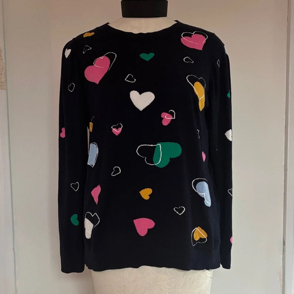 Talbots Navy Sweater with Multicolor Heart Design - Picture 1 of 3